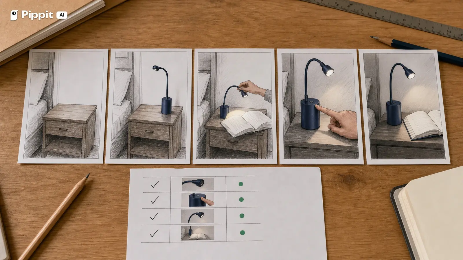 Five storyboard cards show a reading light moving from constraint through demonstration to proof.