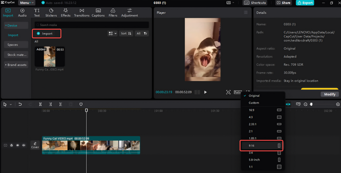 A videó feltöltése és átméretezése a CapCut-ra