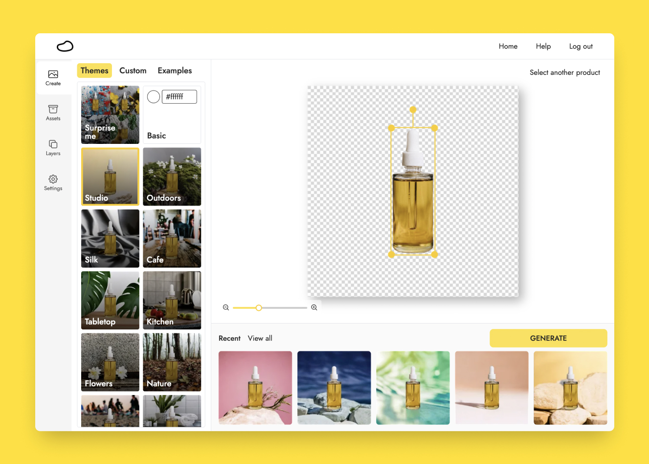Oberfläche von Pebblely – ein einfach zu bedienender KI-Generator für Produktbilder
