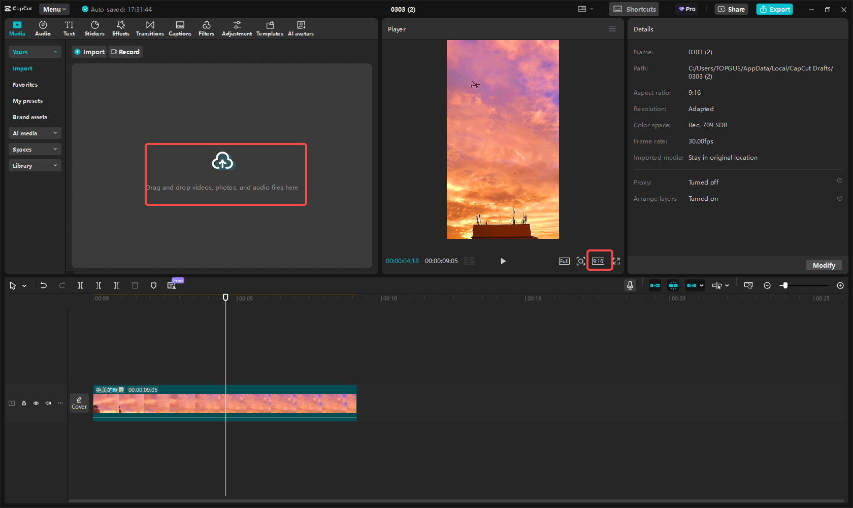 Uploading the video to CapCut