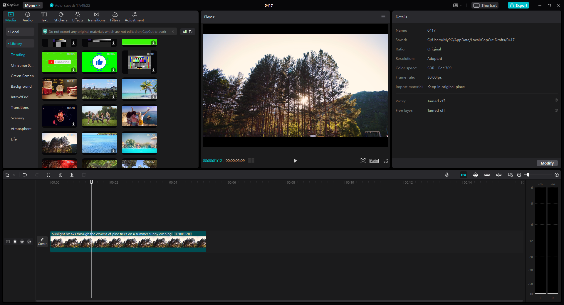 The CapCut editor shows a landscape clip in the preview, stock media thumbnails, a text layer, and a timeline.