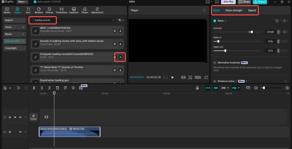 Choosing the loading sound effect in CapCut