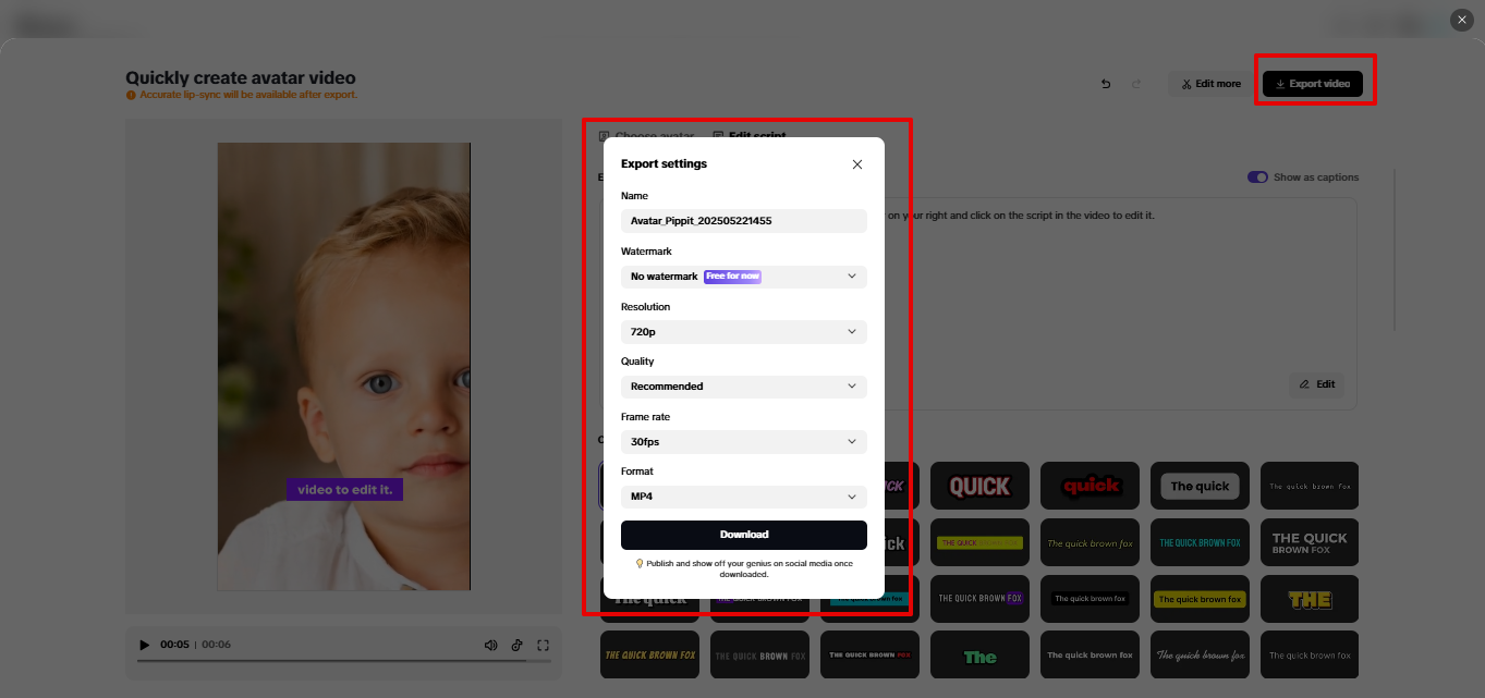 Exporting talking baby video from Pippit