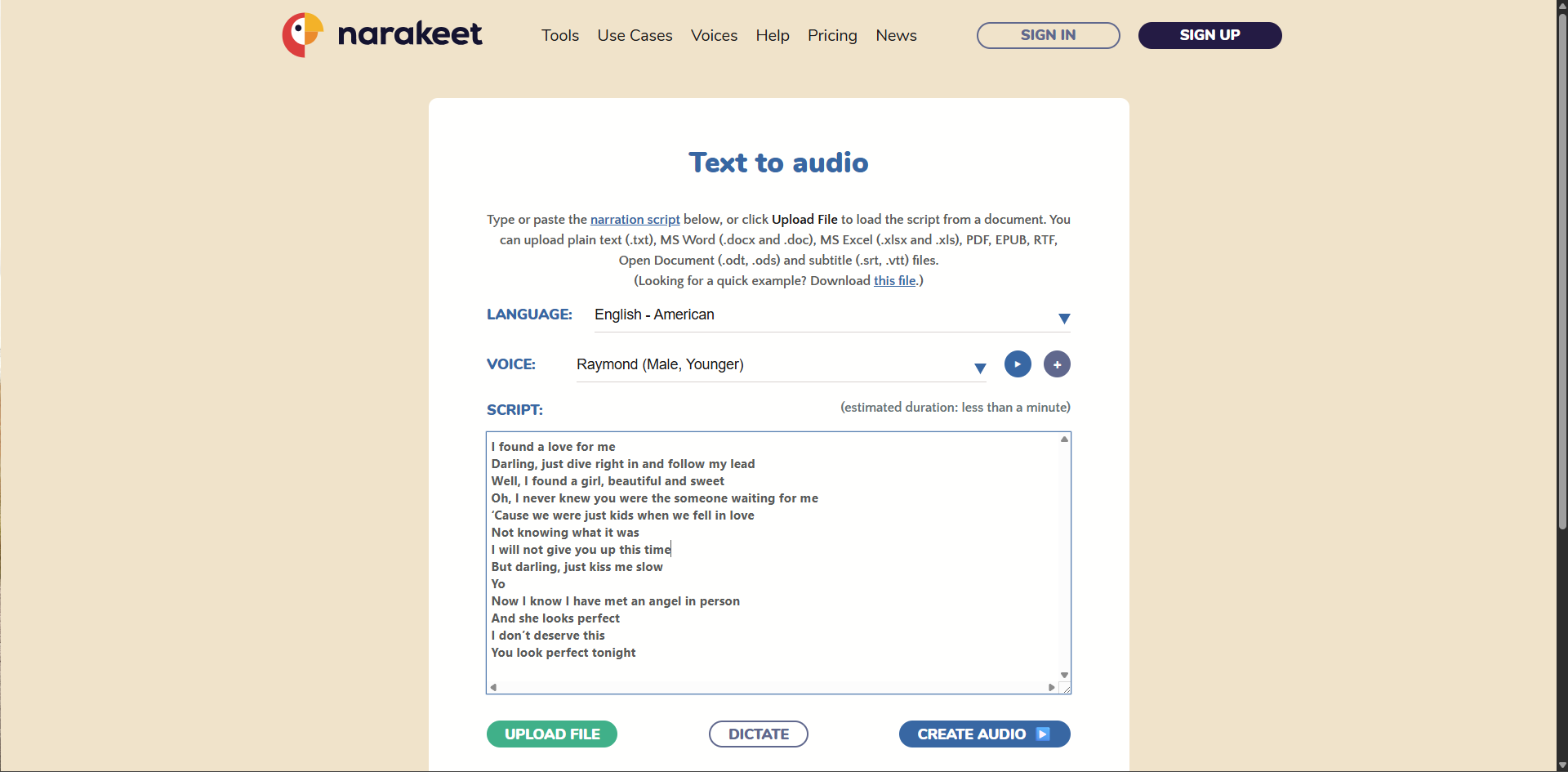 Interface of Narakeet - another free PDF text to speech tool