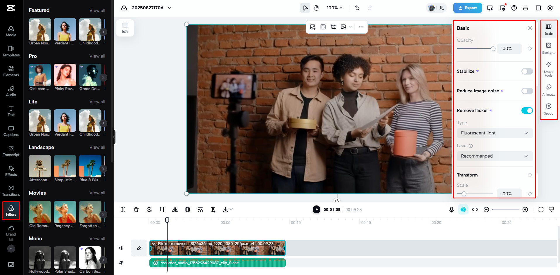 Applying filters and removing flickers from the video in CapCut Web