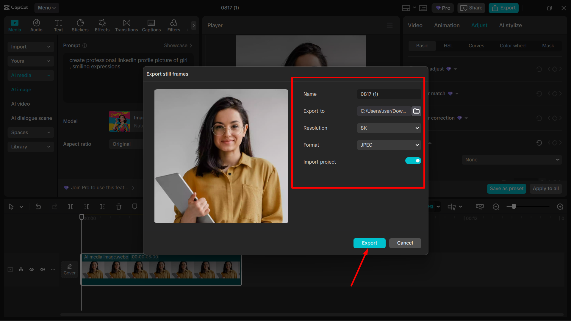 Ladda ner bilden från CapCut skrivbordsvideoredigerare