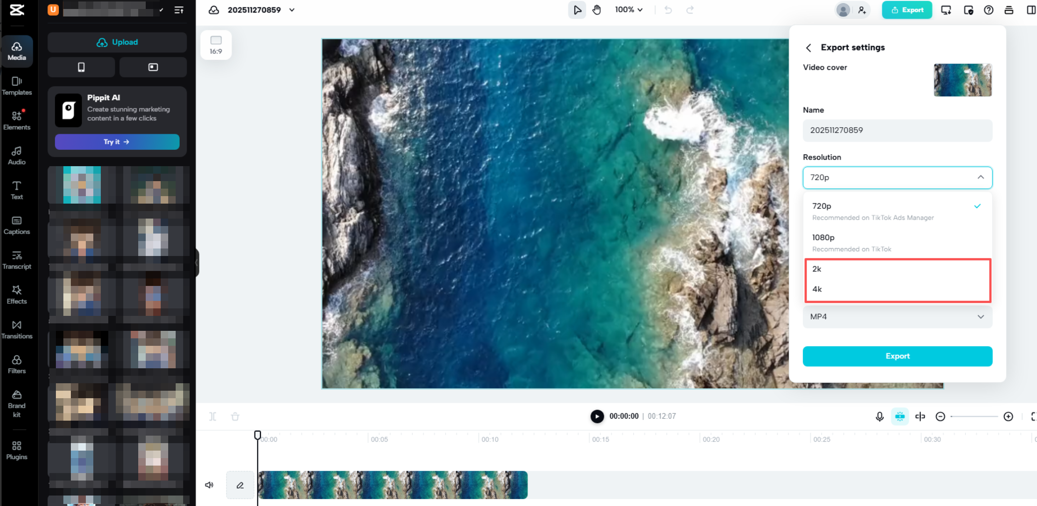 Export resolution settings for CapCut web version