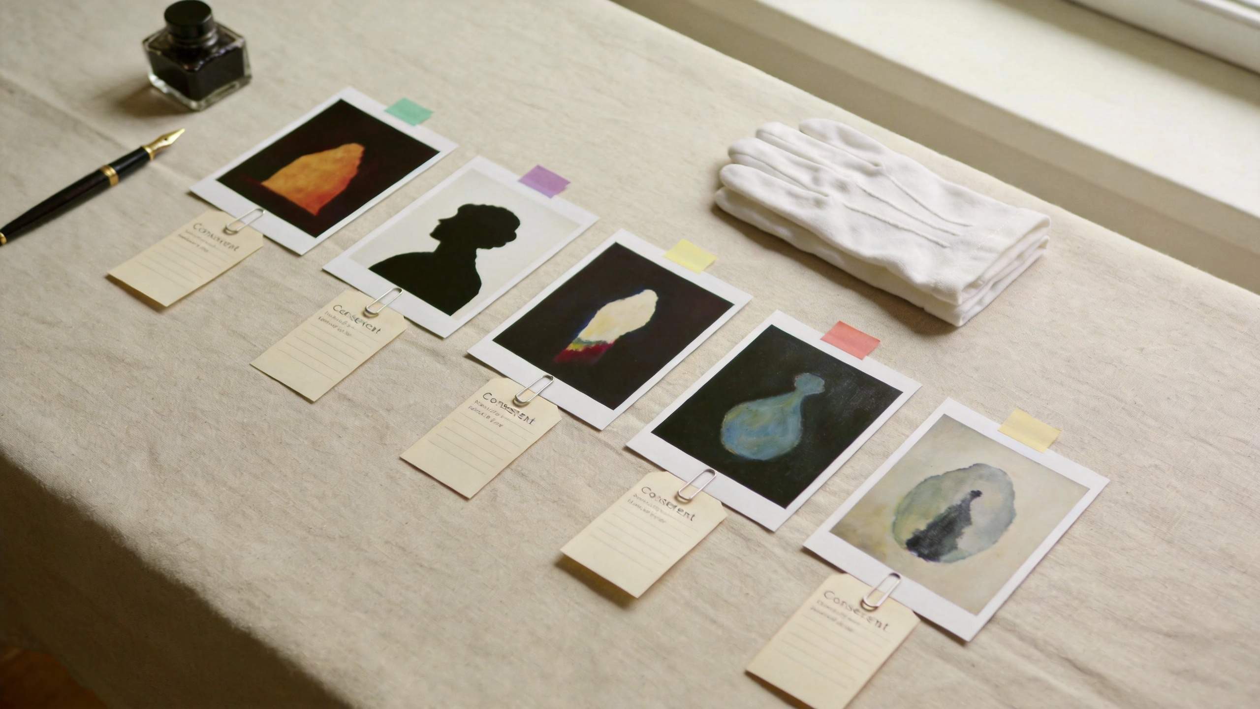 Polaroid-style photos with consent tags laid out on a table beside gloves and a fountain pen
