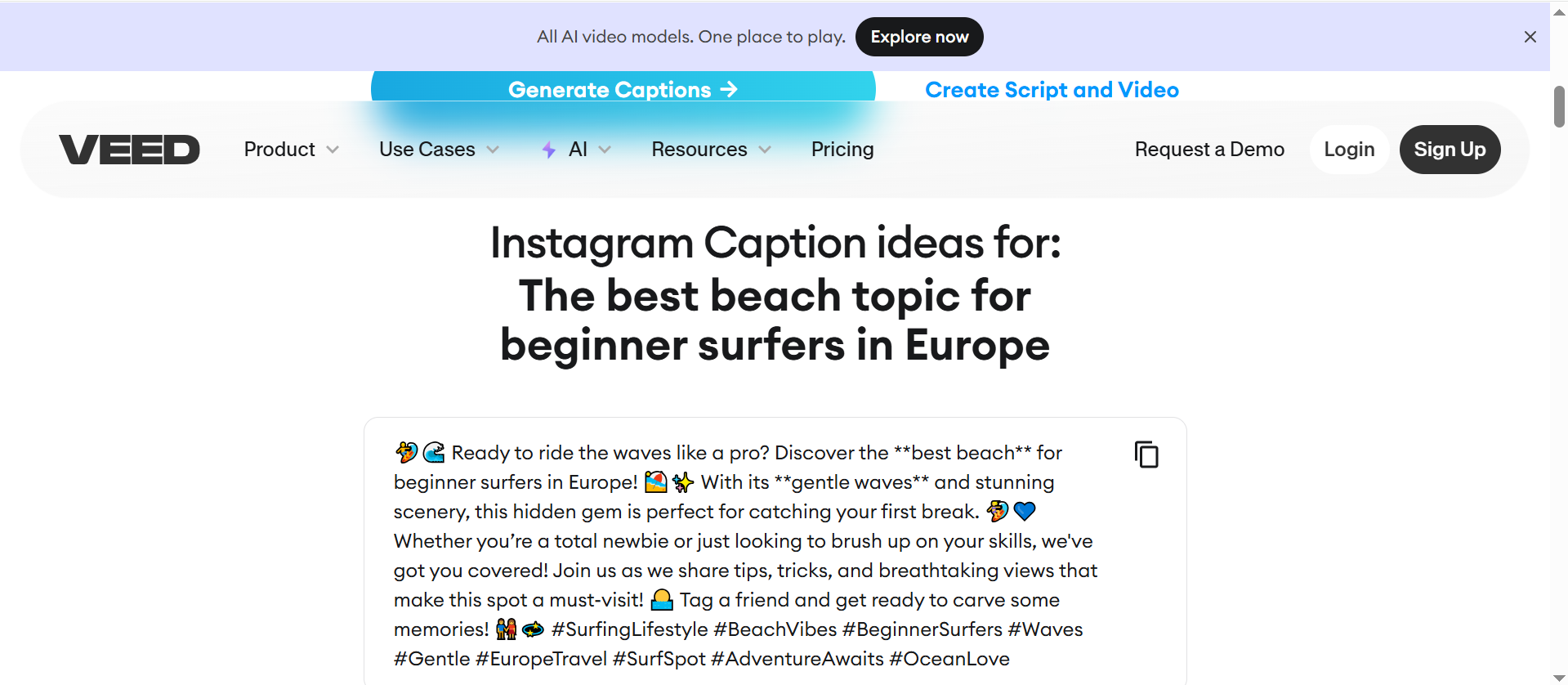 Interface of Veed - free social media caption generator