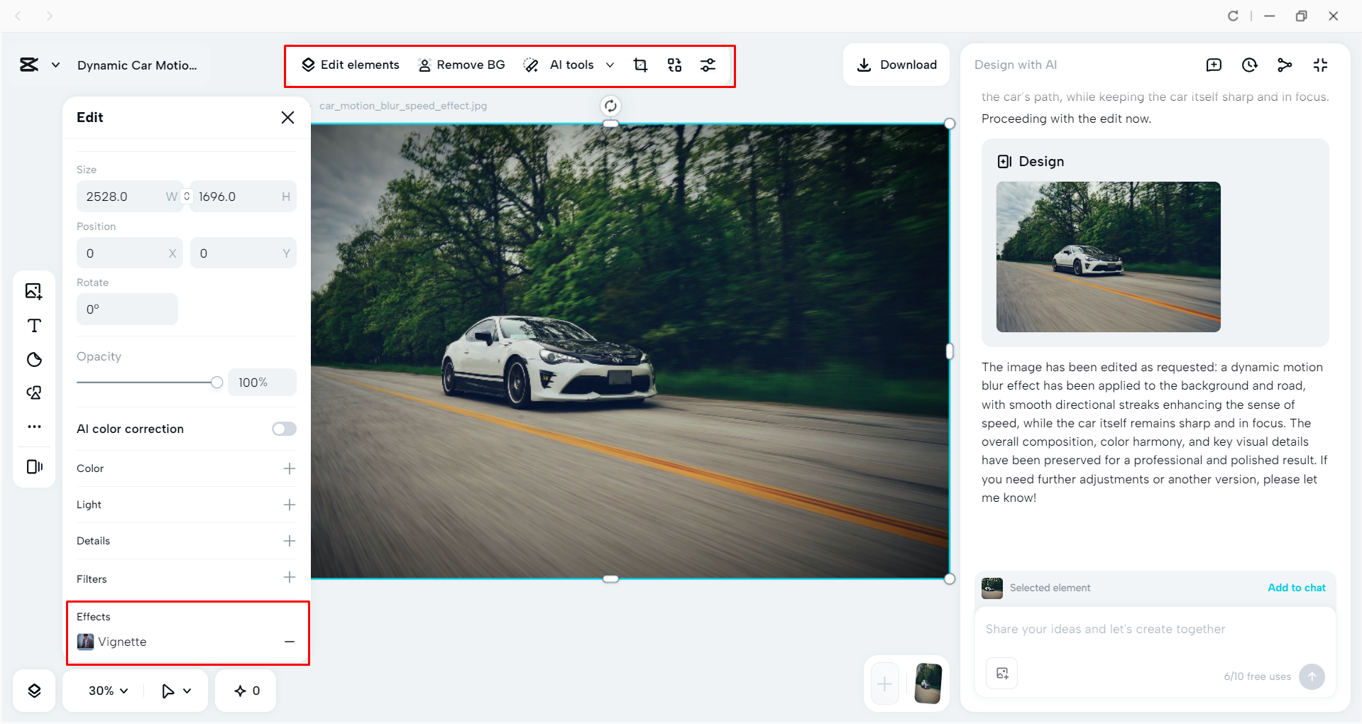 Editing the AI-generated image with the CapCut desktop video editor
