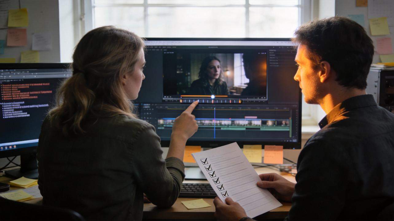 Two people review a video edit on dual monitors while one points at the timeline and the other holds a checklist