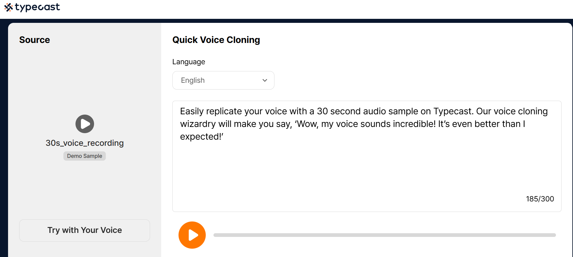 Typecast's voice cloning tool
