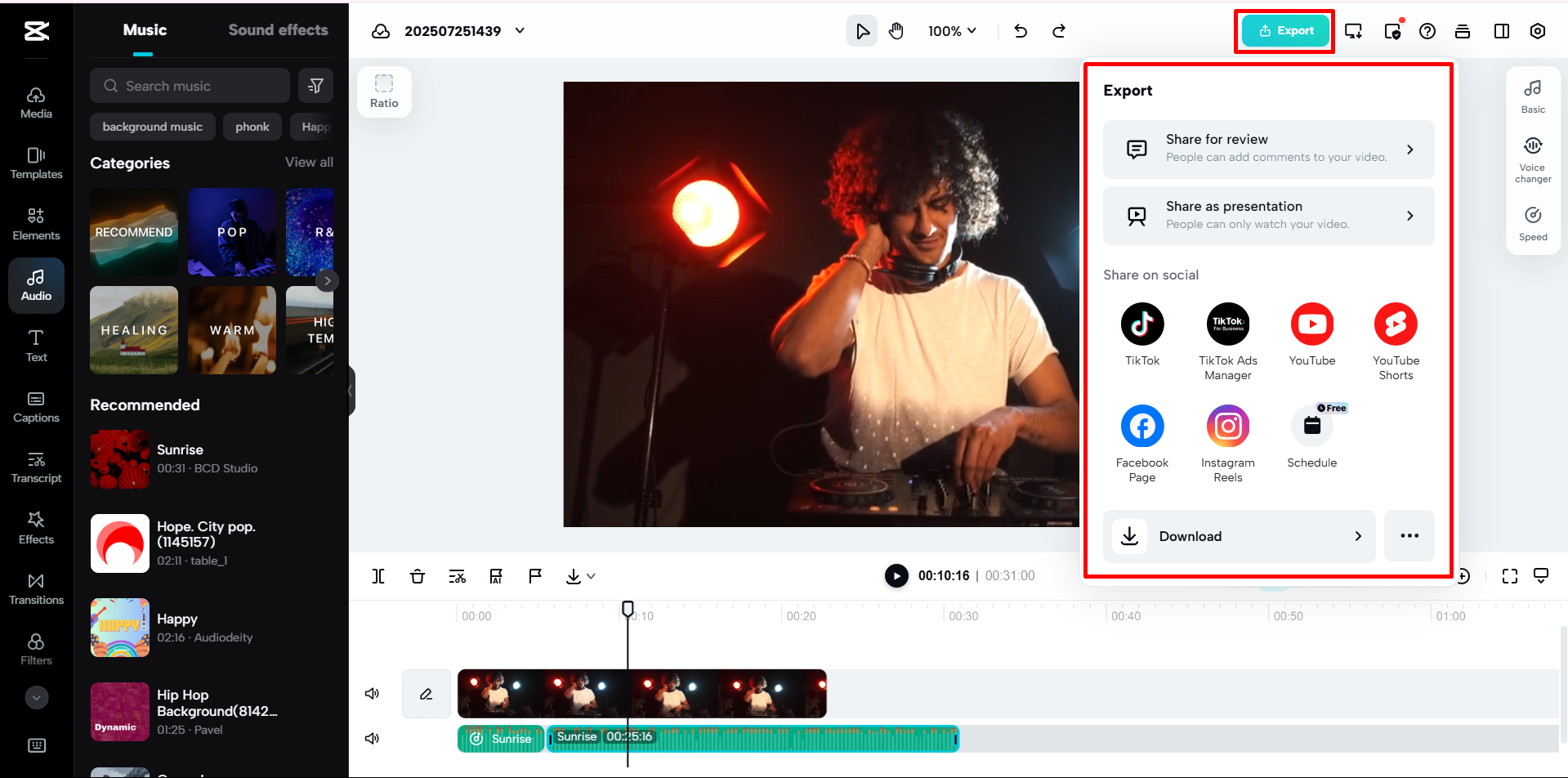 Exporting the final video from the CapCut online video editor