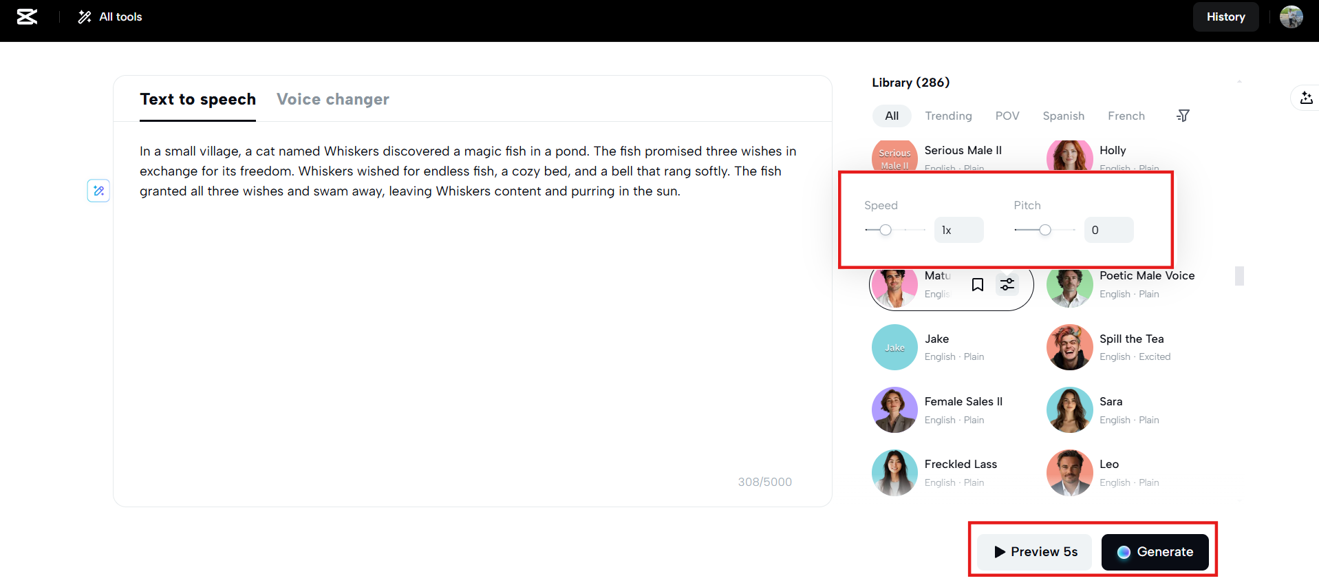 Adjust voice settings and generate