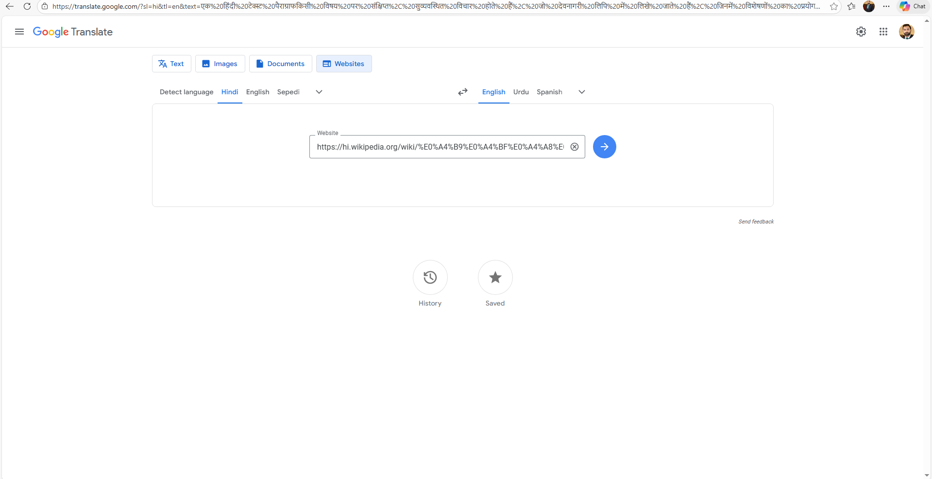 Input the Hindi site link to Google Translate
