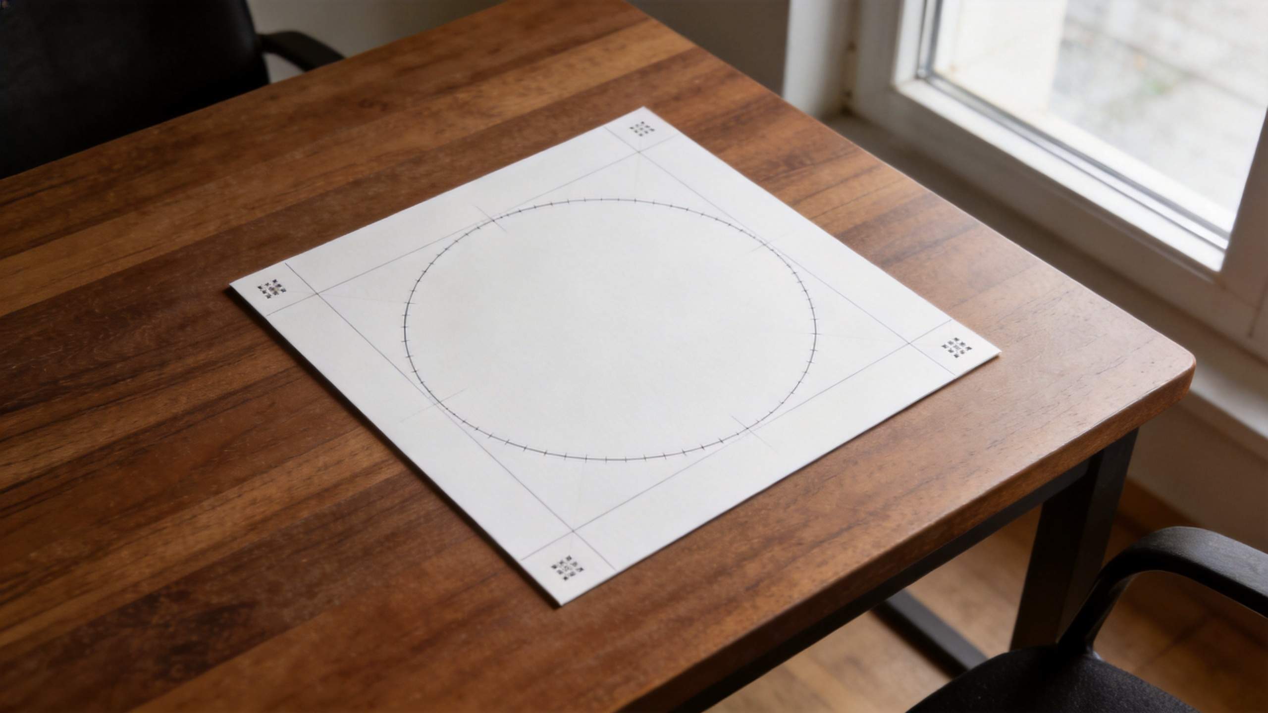 Template sheet with a large circle guide on a wooden table by a window