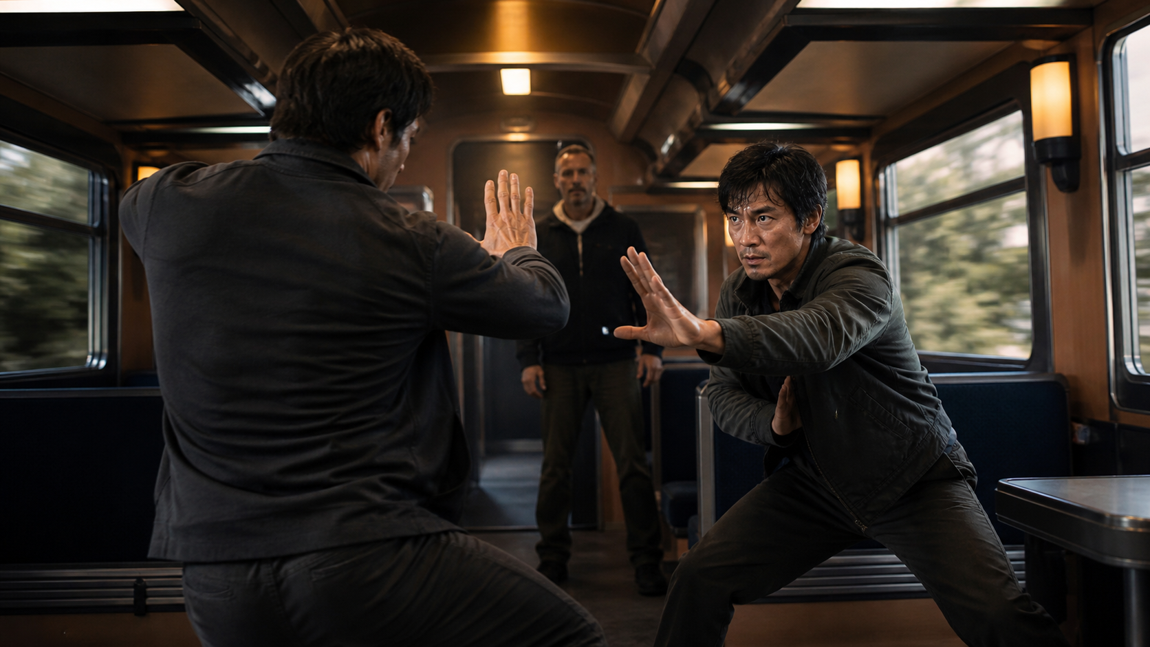 Action Fighting on Train AI Video prompt example 2 - Action Fighting on Train close-up moment