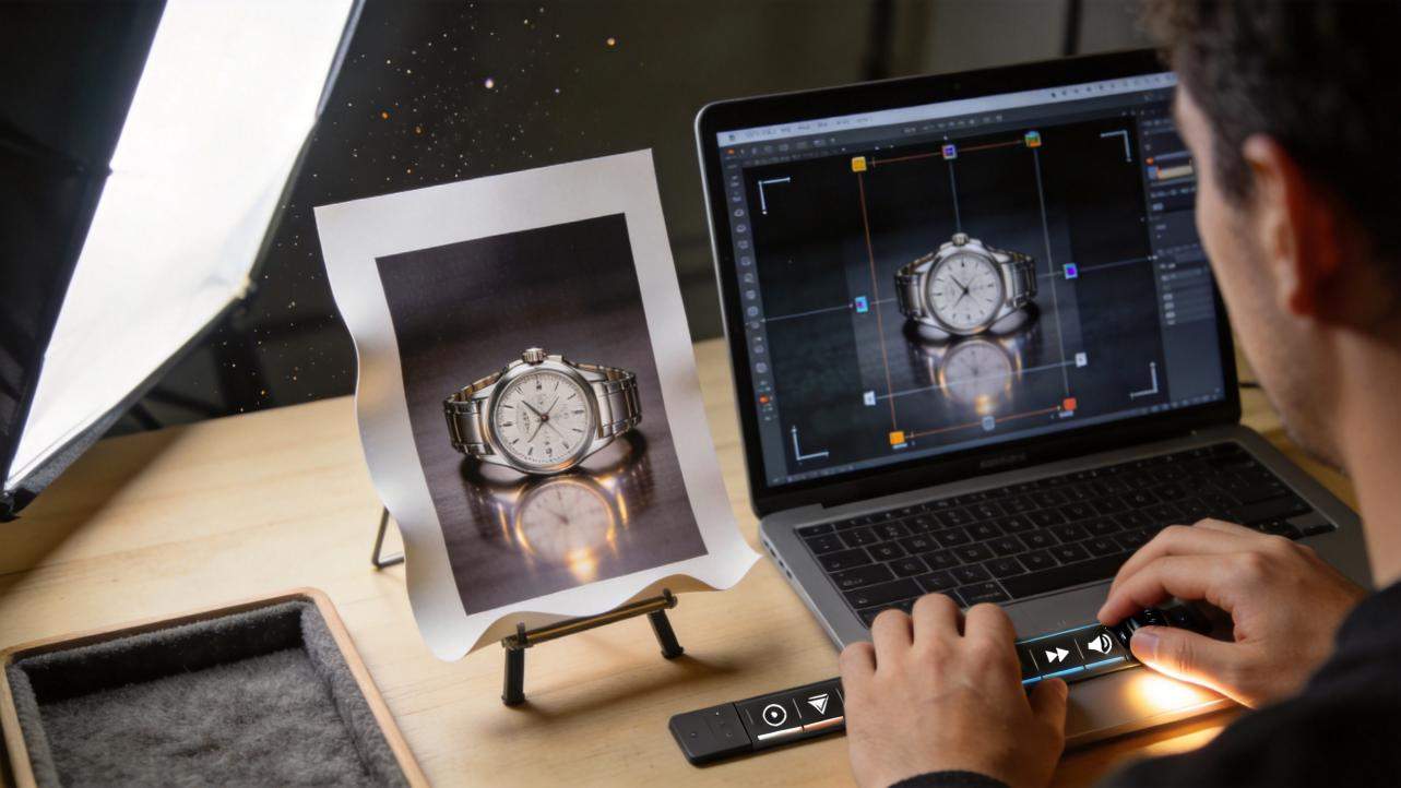 Person edits a watch photo on a laptop beside a printed reference image and a studio light