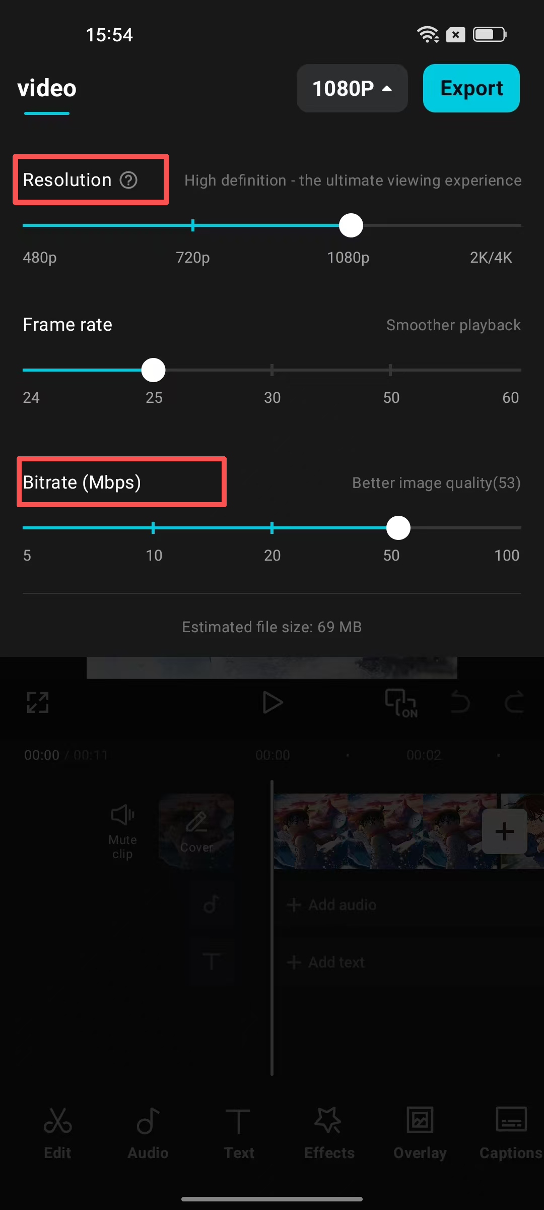 Tetapkan resolusi video dan kualiti eksport