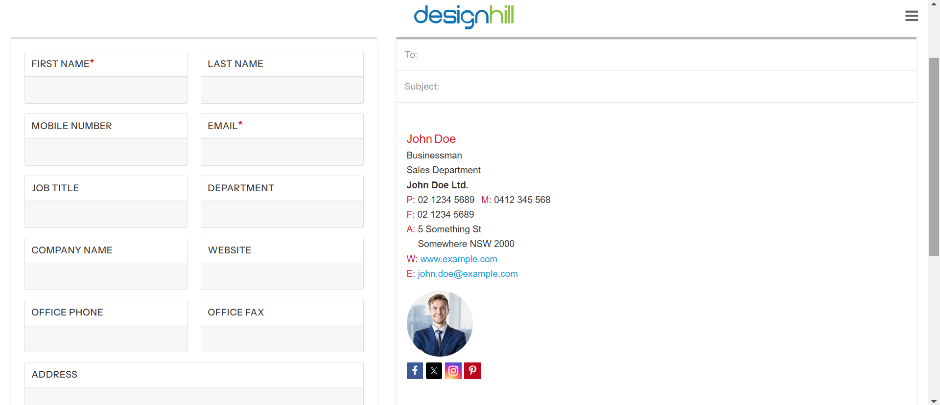 Designhill company email signature design interface