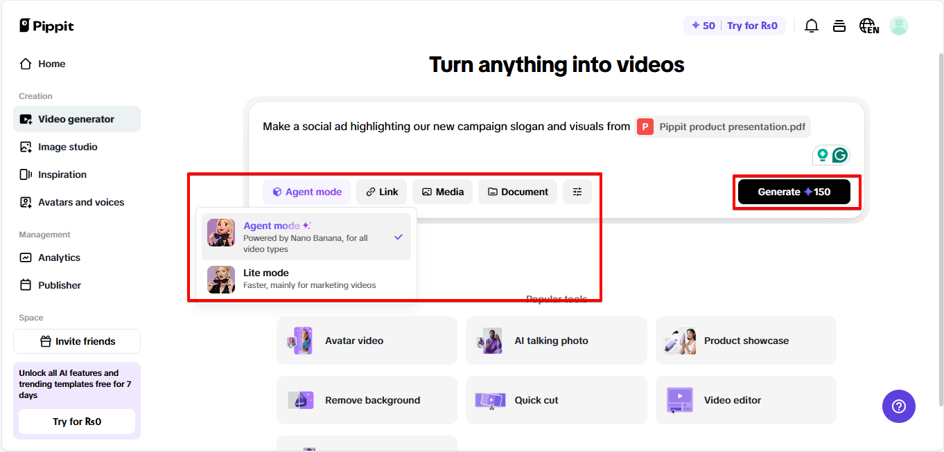 Generating video in Pippit