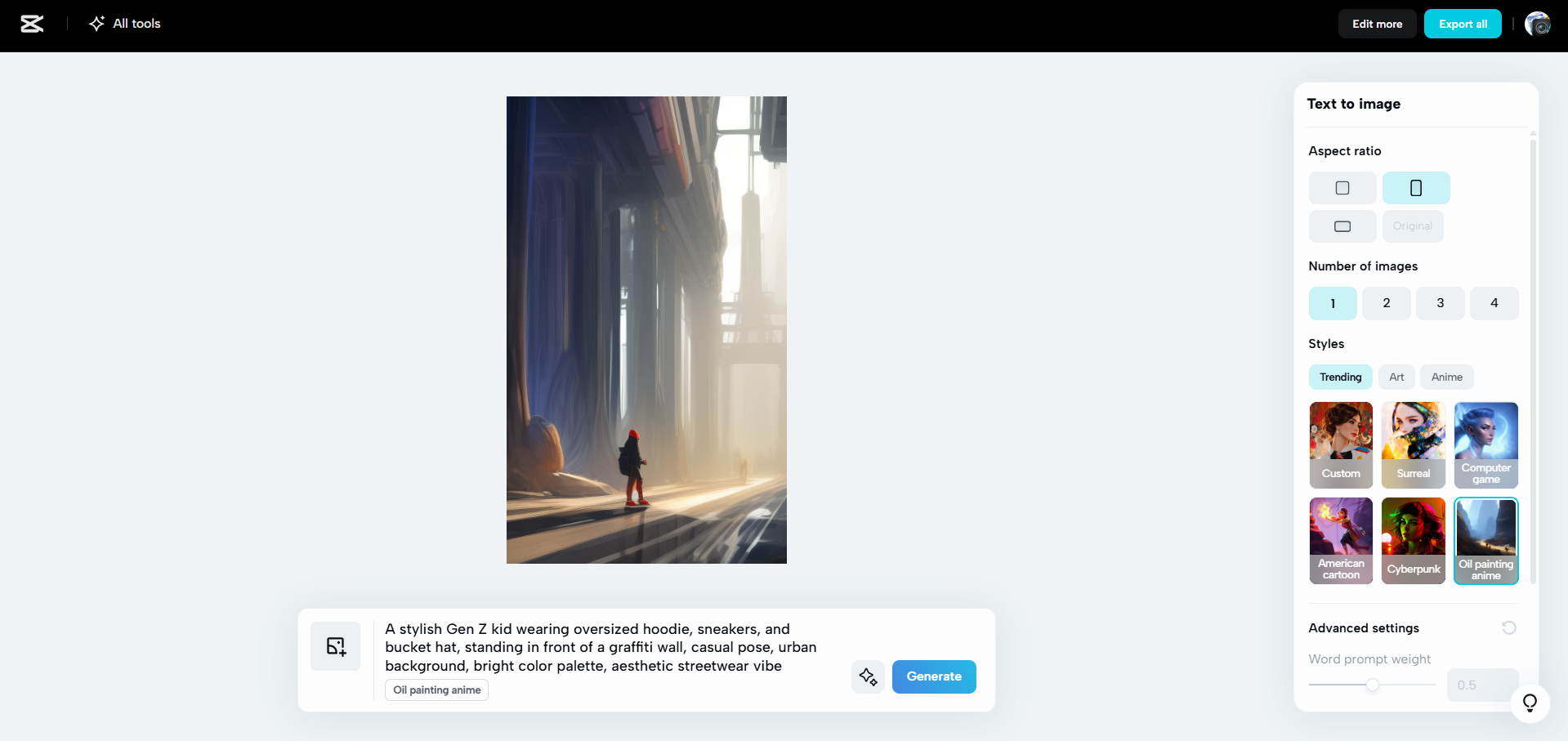 Oberfläche von CapCut Web – ein guter KI-Bilderzeuger