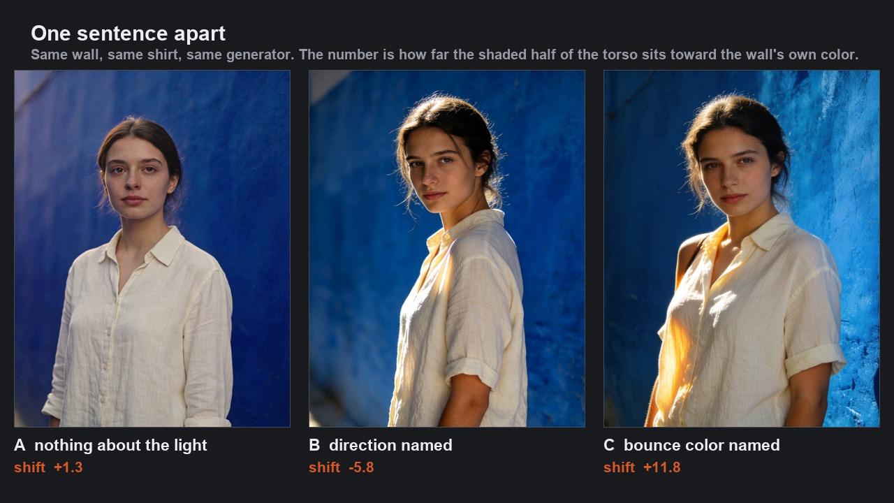 Three generated portraits side by side: the first evenly lit with a neutral shaded side, the second strongly side-lit with a dark neutral shadow, the third side-lit with visible blue along the shaded edge of the shirt and arm.