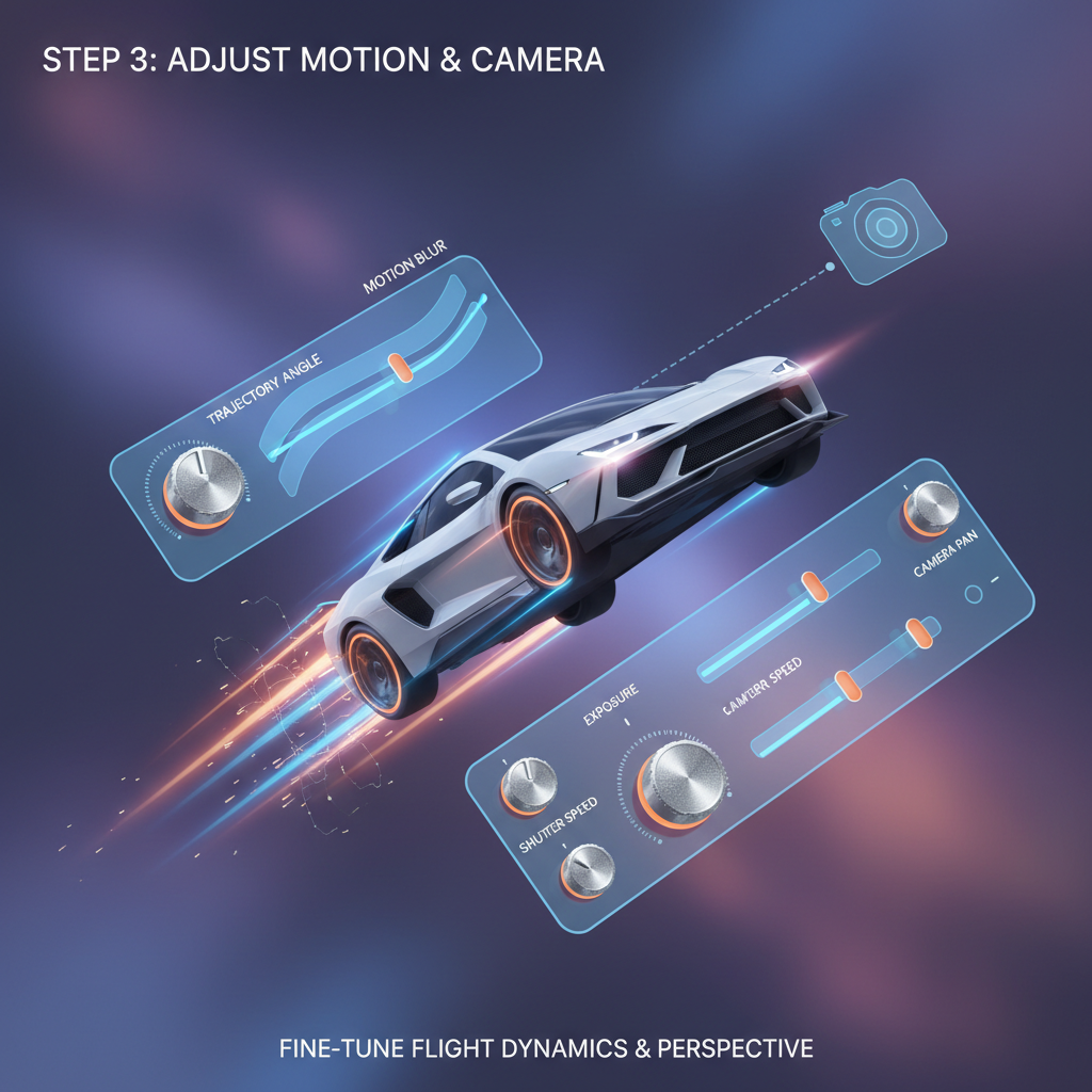 Step 3 illustration: adjust motion and camera—sliders/angle lines implied, car mid‑air, cinematic.