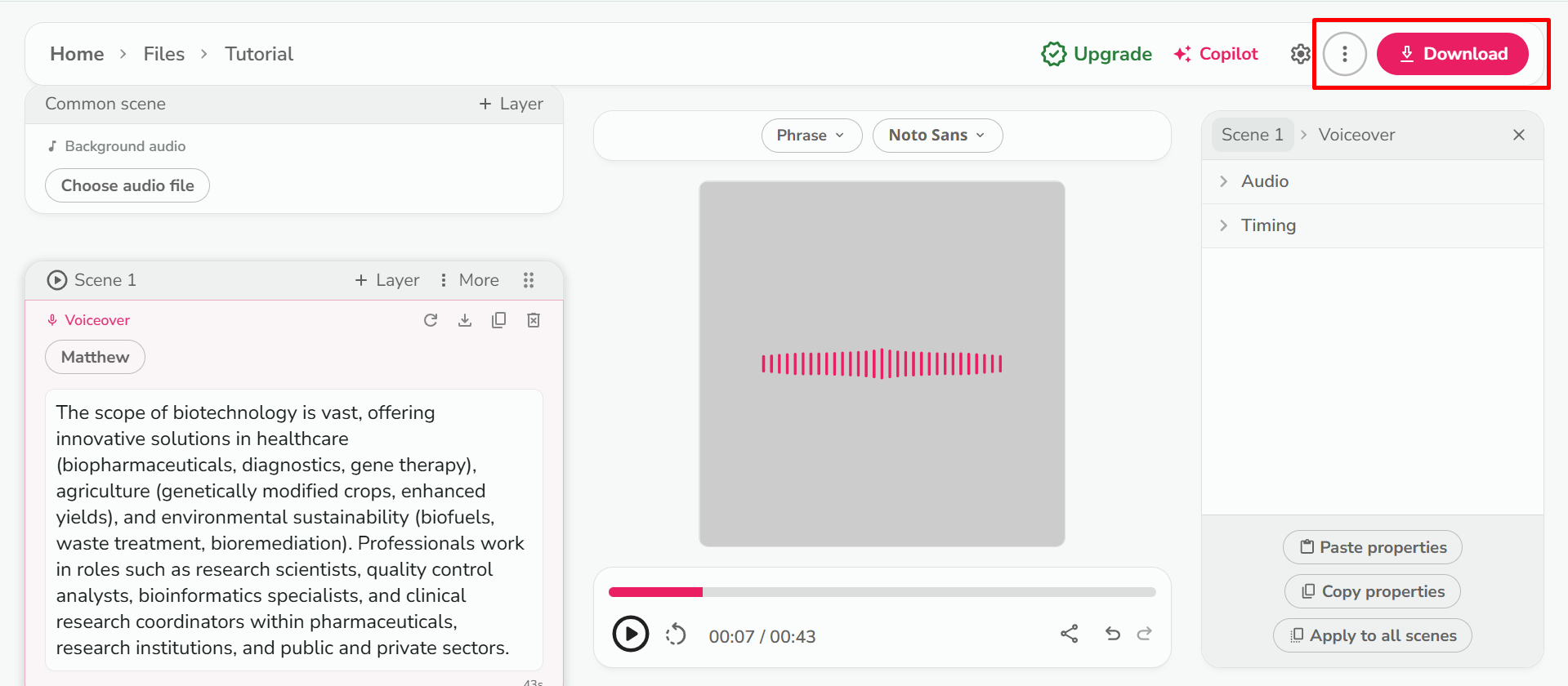 Stahování zvuku z nástroje Fliki AI pro přenos textu do řeči