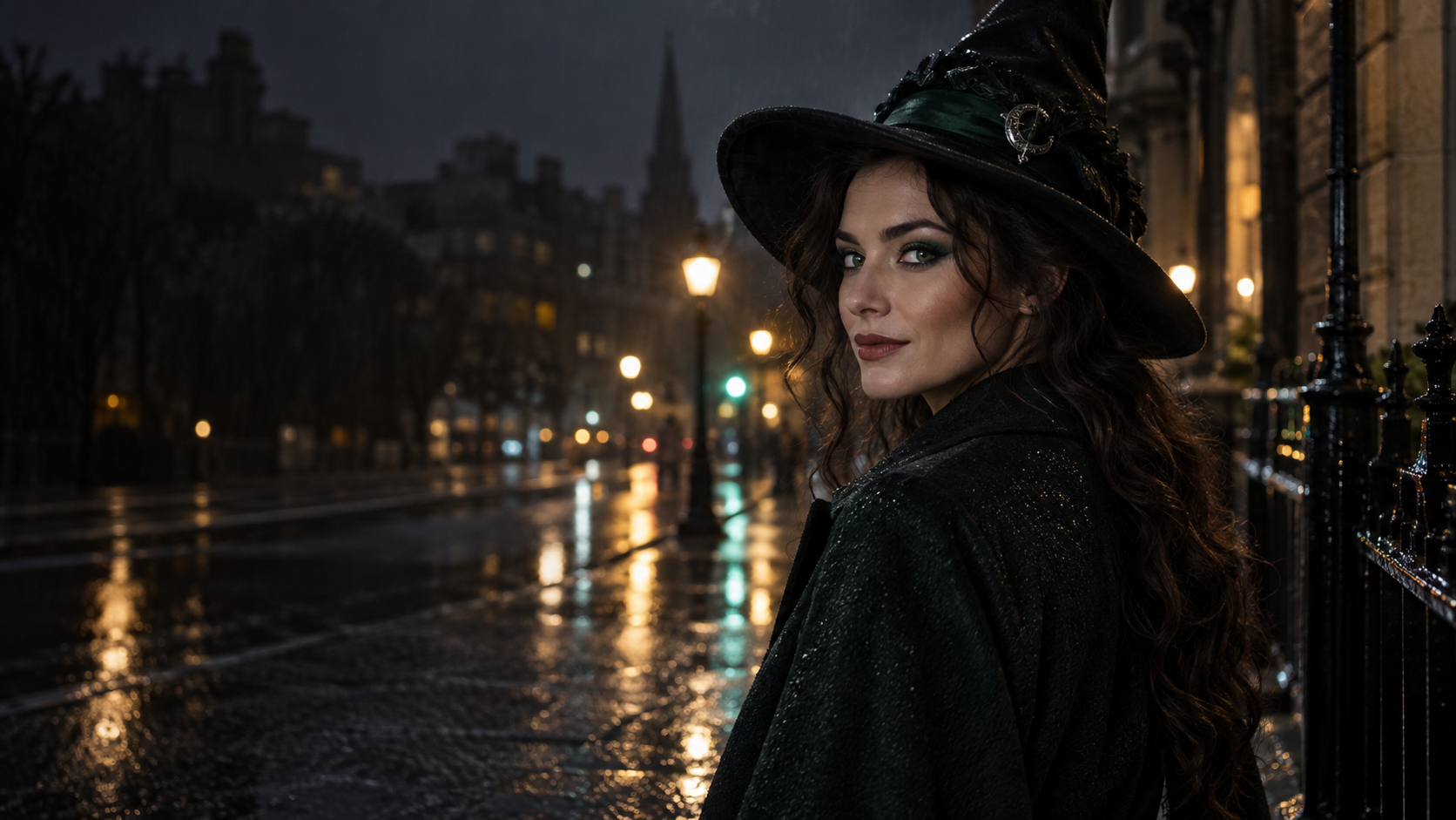 Modern City Witch: Una donna adulta immaginaria in un cappotto scuro su misura, eyeliner smeraldo e cappello da strega sobrio su una strada piovosa della città, luci cinematografiche lunatiche.