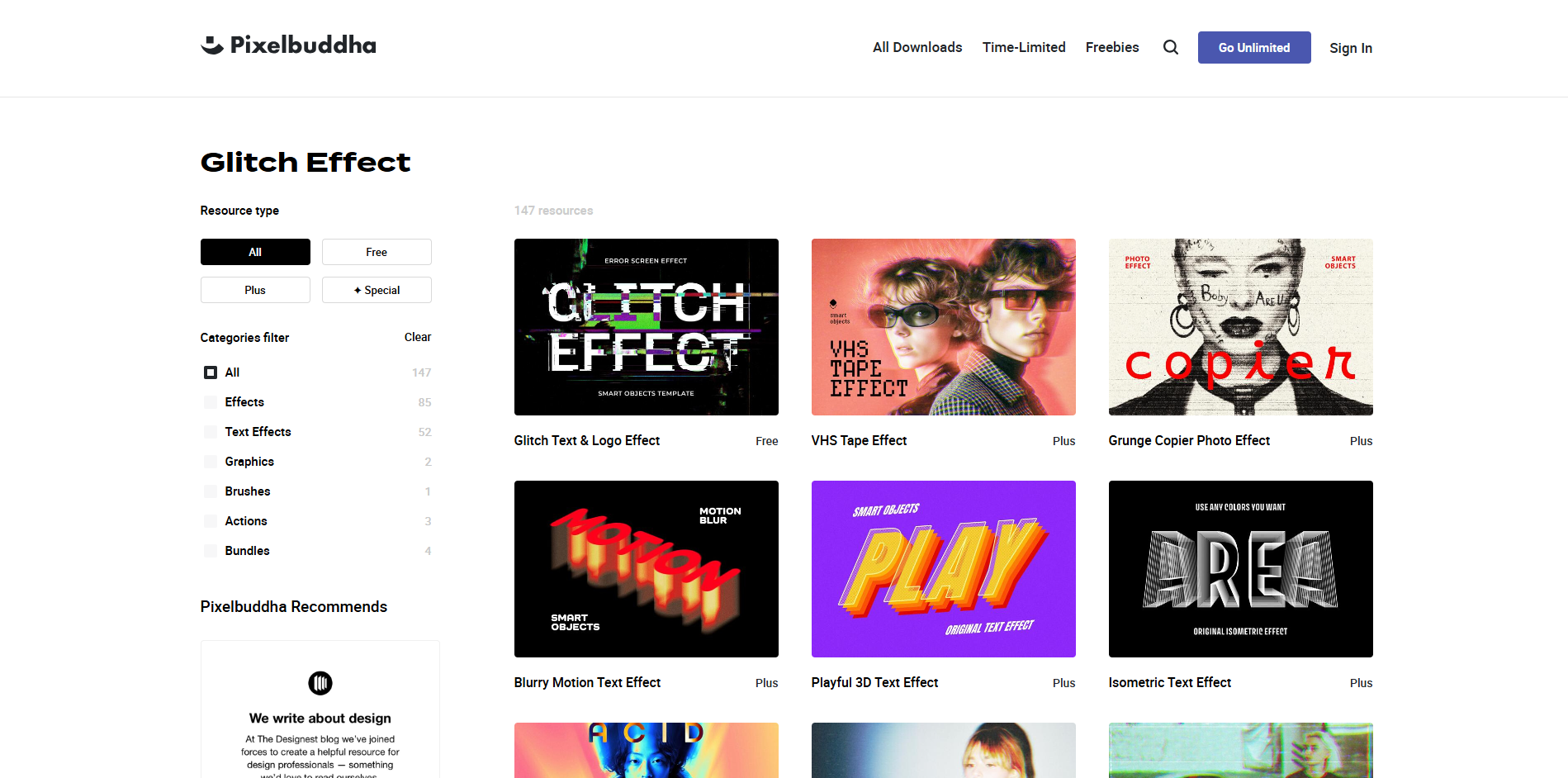 Interface of PixelBuddha - an ideal place to find glitch effects for Photoshop