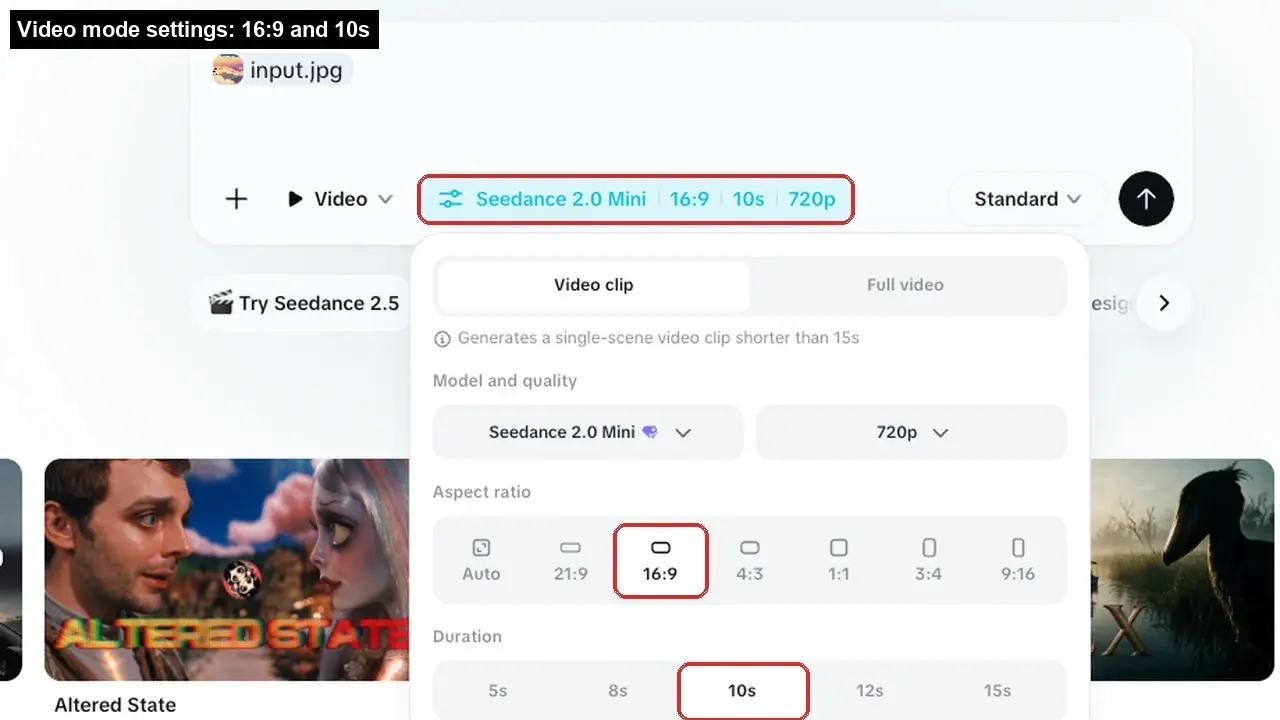 Video mode settings with 16:9 aspect ratio and 10s duration selected