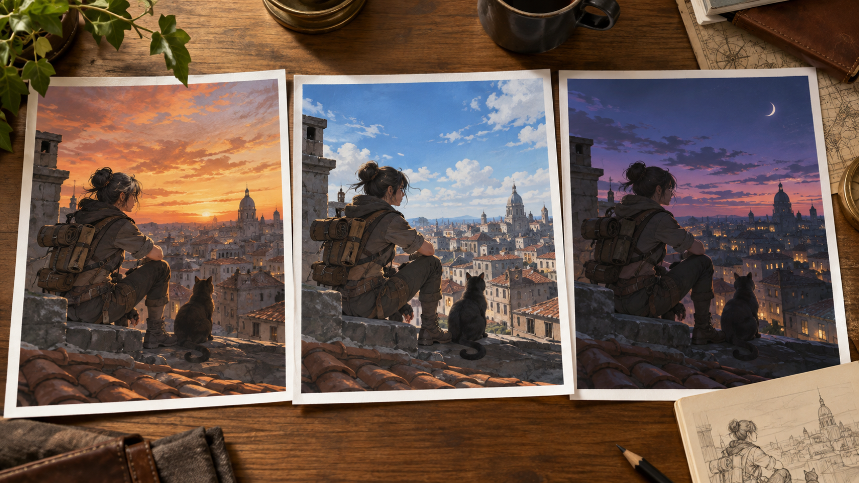 Three original rooftop courier print studies changing only the sky color
