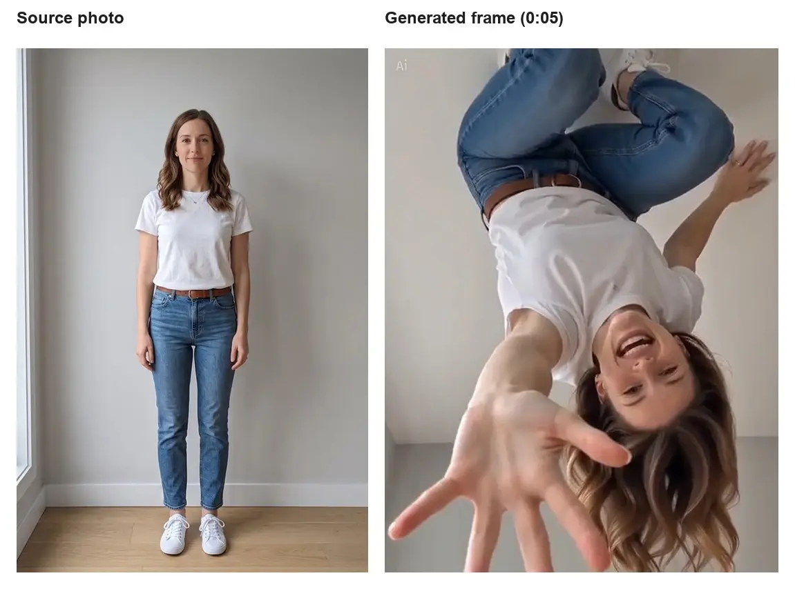 Standing woman in a white T-shirt and jeans, flipped upside down reaching toward the camera.