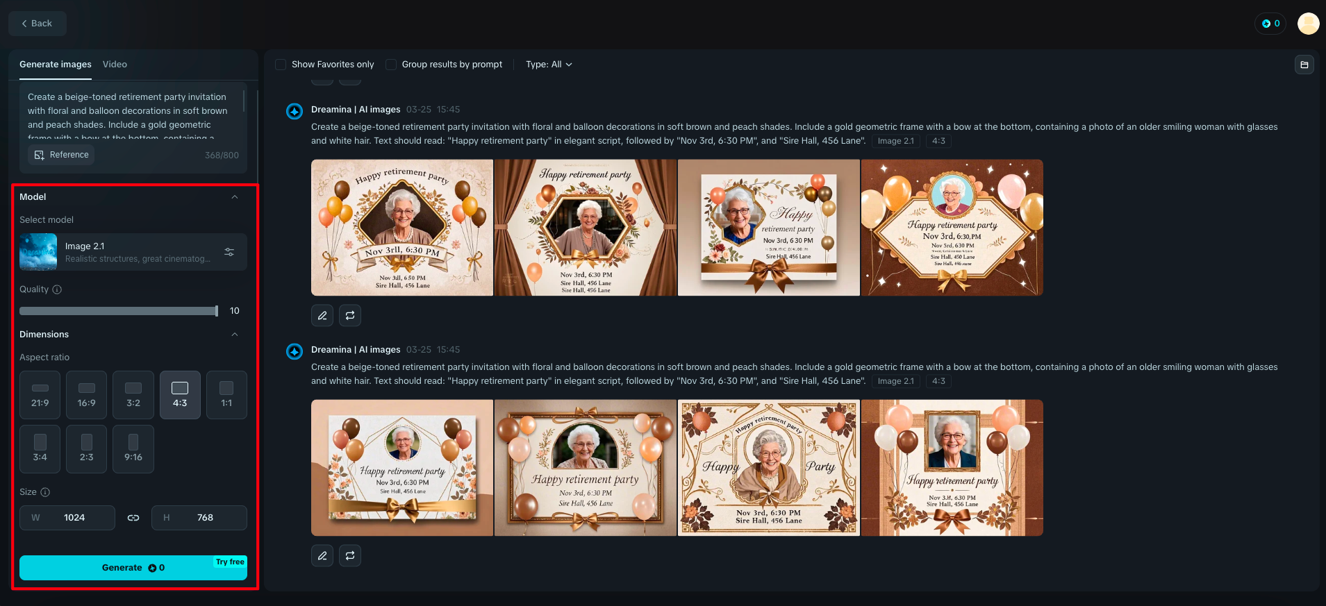 Dreamina: invitation retirement card settings