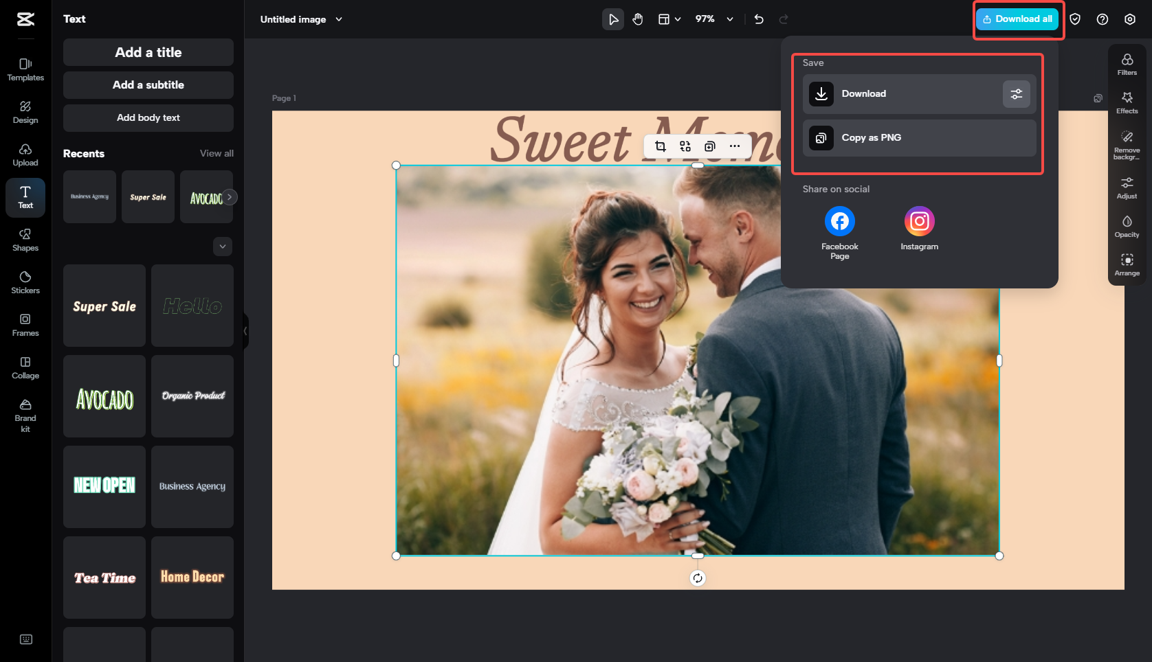 Save the wedding image in CapCut