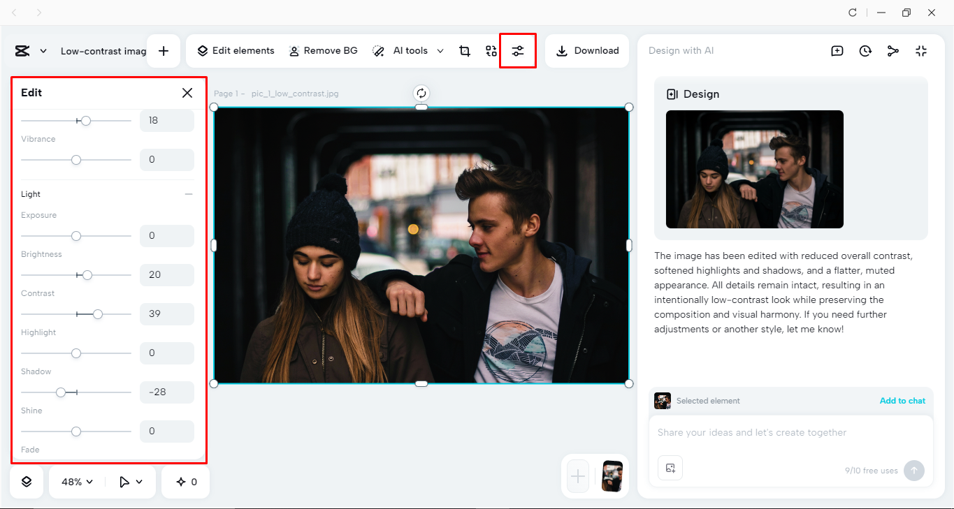 Adjusting the image with high contrast in the Capcut desktop video editor
