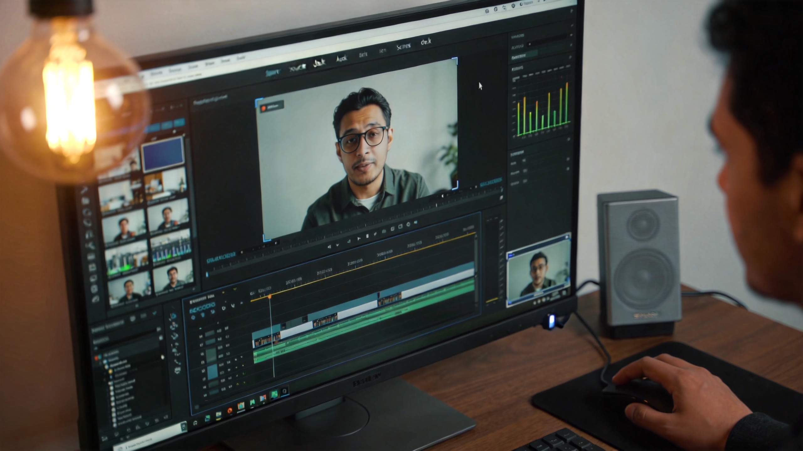 Video editor showing a webcam speaker preview and timeline on a desktop monitor