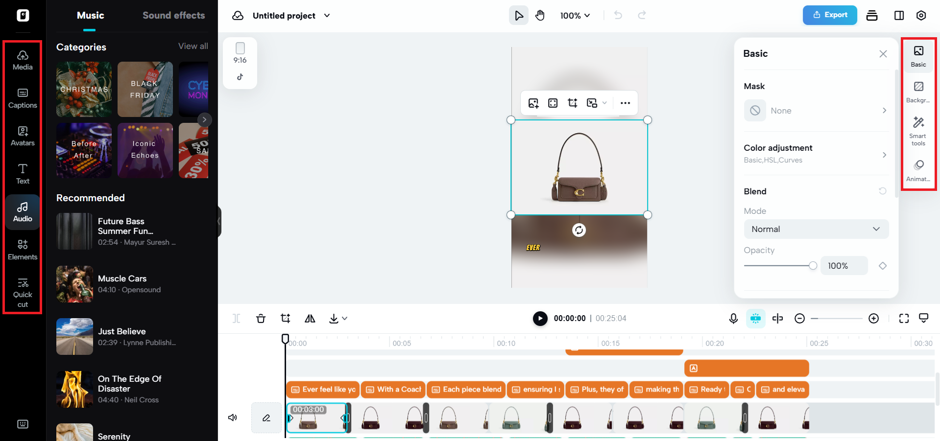 Editing options on either side of the canvas