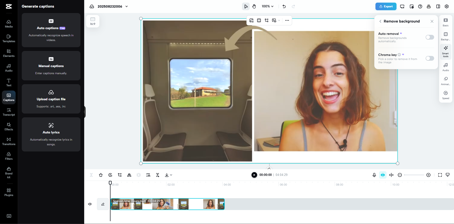 Interface of CapCut Web - another way to remove objects from videos