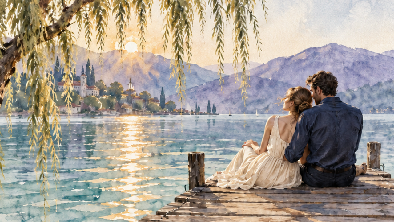 16:9 airy watercolor adult couple on right third of a lakeside pier beneath willow branches, ivory dress and navy outfit, teal water and violet hills, delicate golden light on textured paper.