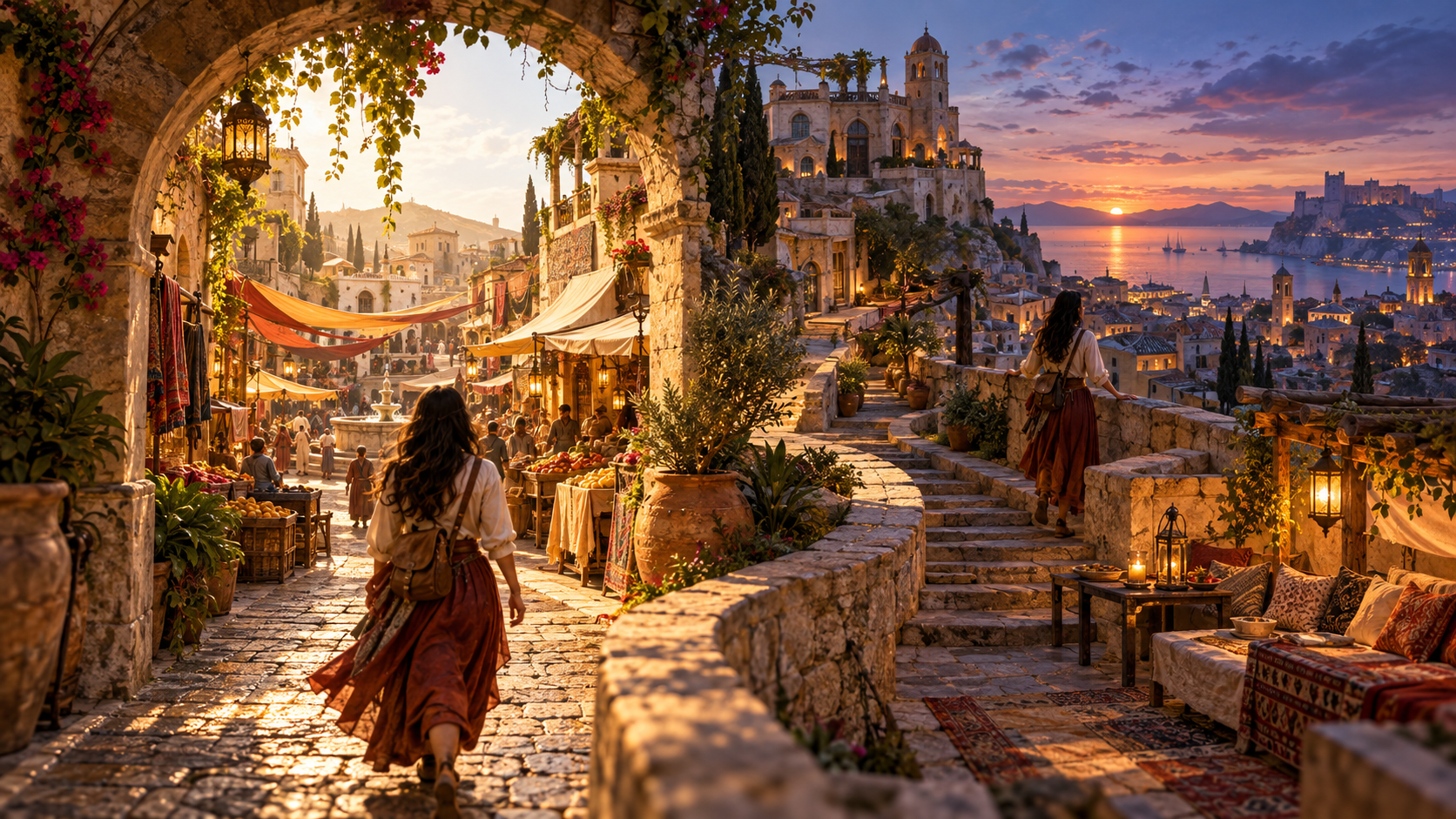 Traveler moving from a sunlit market toward a rooftop at dusk
