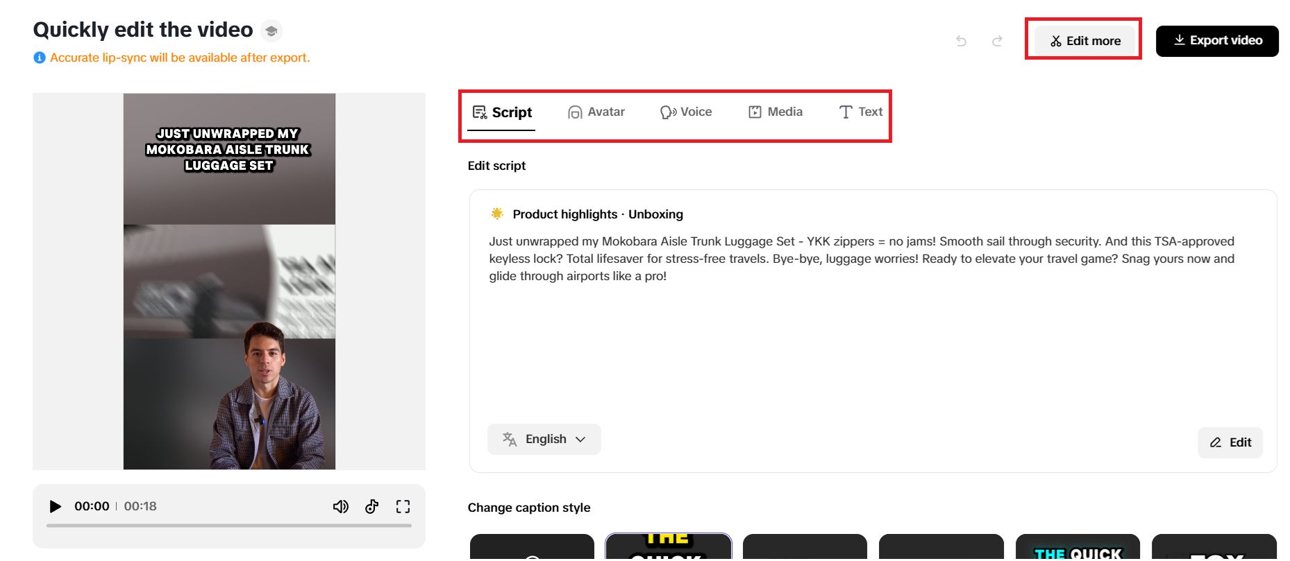 Quick editing options