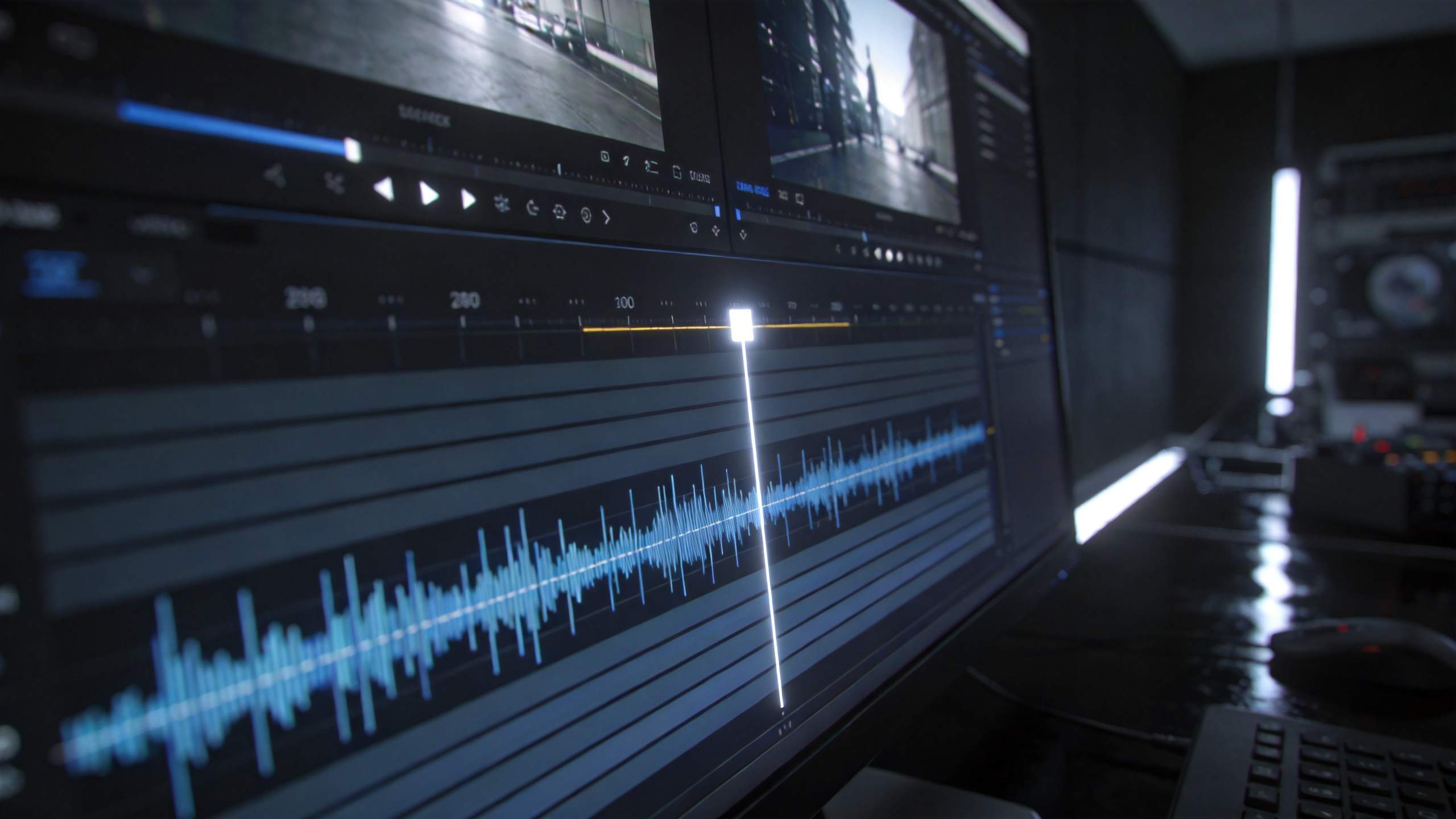 Video editing timeline with waveform and a vertical playhead on a dark monitor