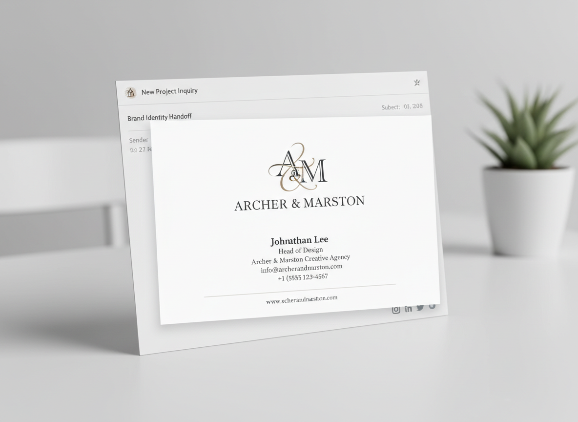 Simulación de firma de correo electrónico con superposición de logotipo con serifa nítida y bordes limpios en blanco.