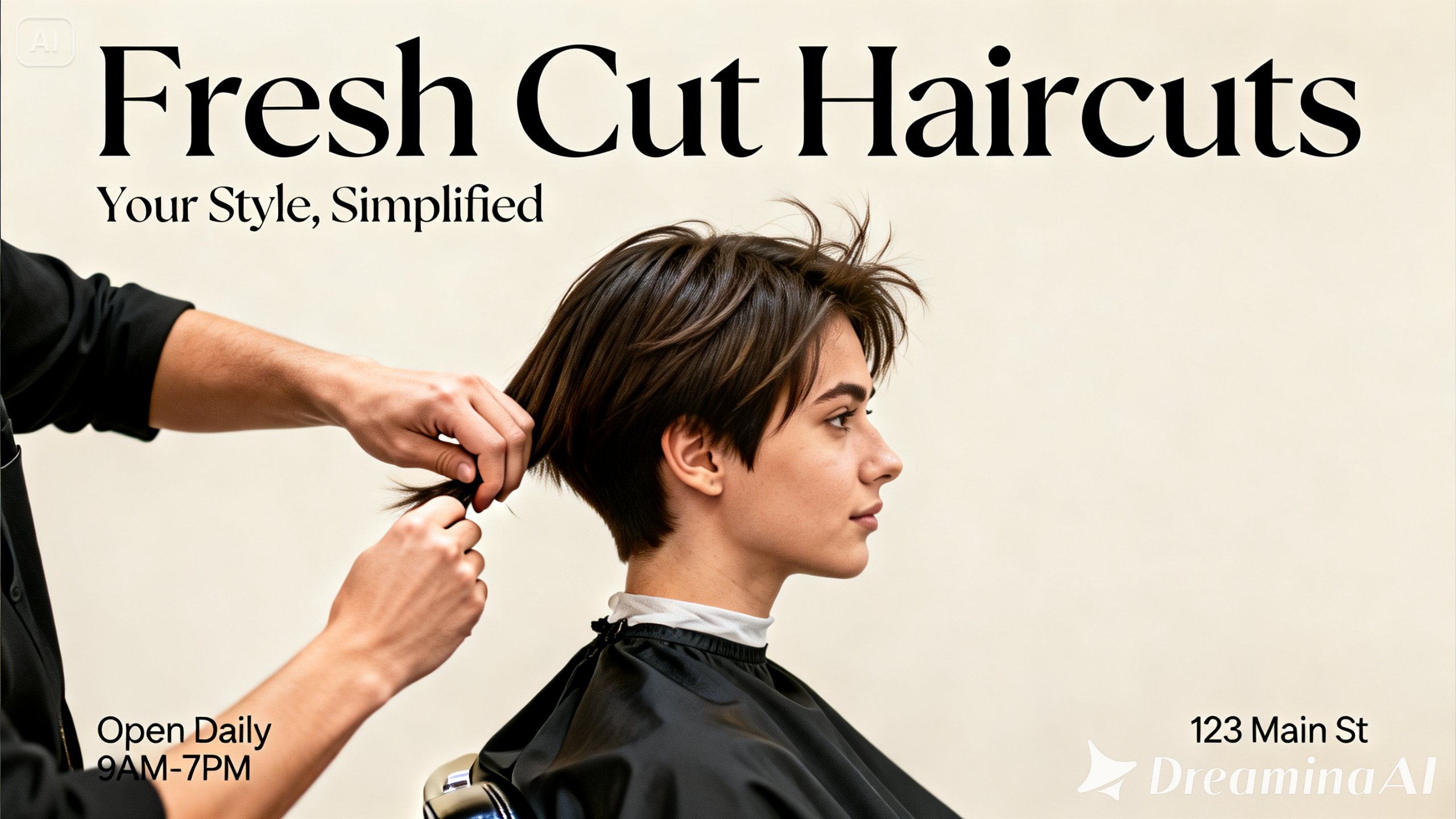 Un cartel sencillo que muestra un corte de pelo minimalista