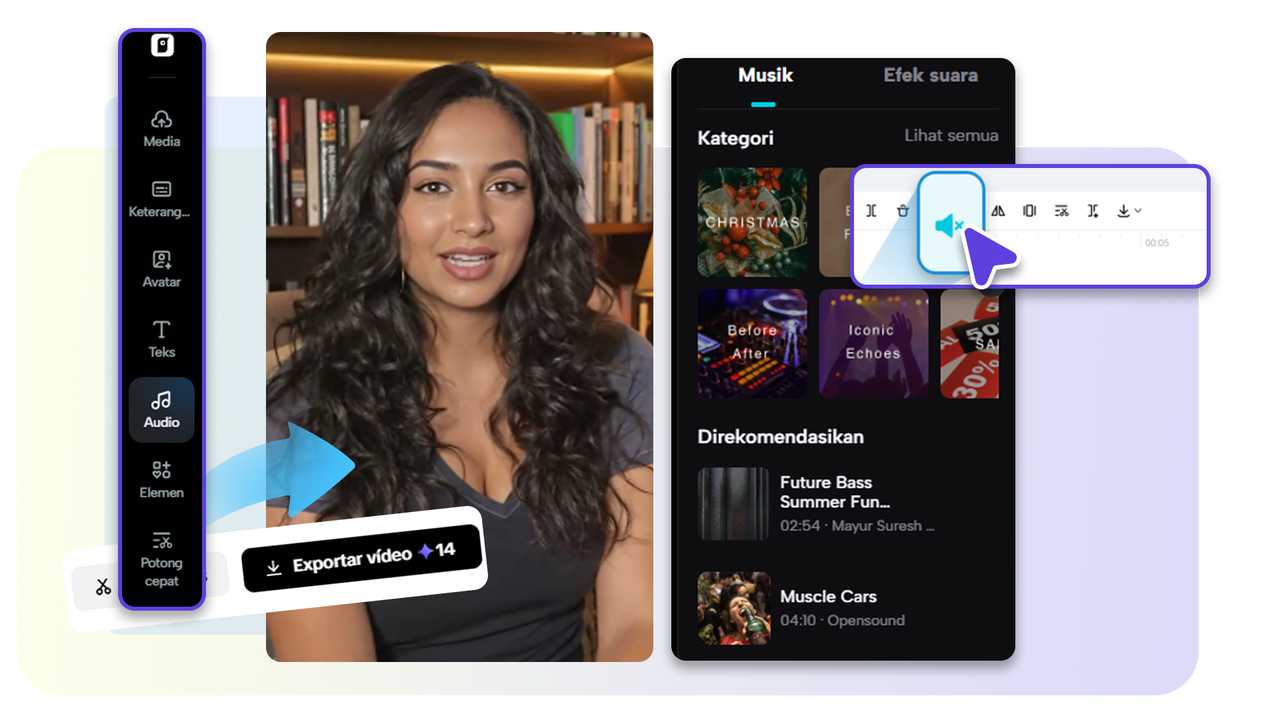Mengatur volume dan menghapus audio video di editor Pippit