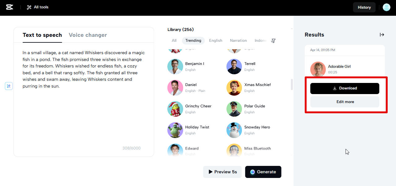exportando texto para fala do CapCut Web
