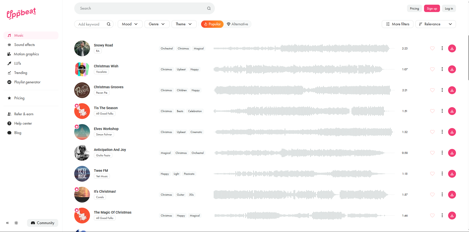 Interface of Uppbeast - a site to download free Christmas music