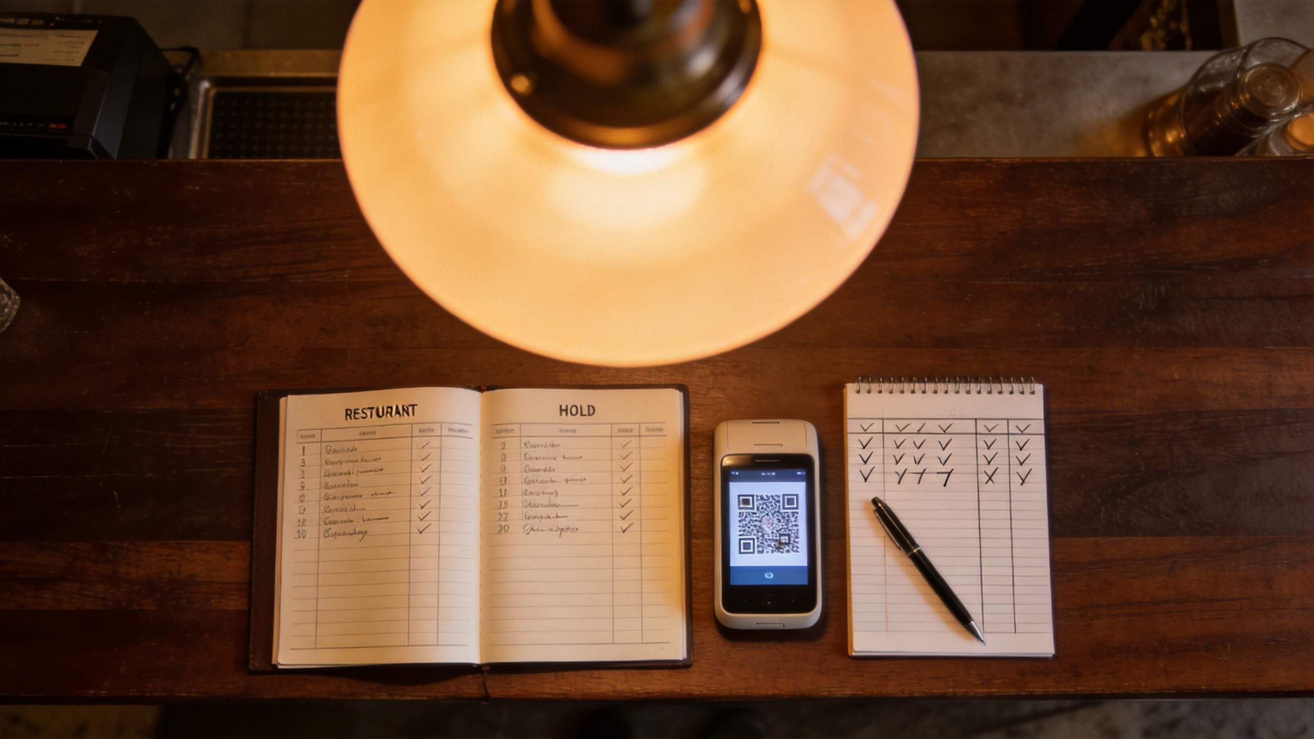 Restaurant ledger beside a QR code phone and a checklist notebook on a wooden counter